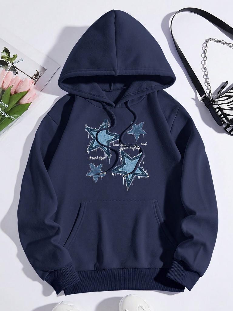 Retro Blue Jean Star Print Hoody Women Loose Pocket Hoodies Multicolor Autumn Pullover All-Match Fleece Female Streetwear