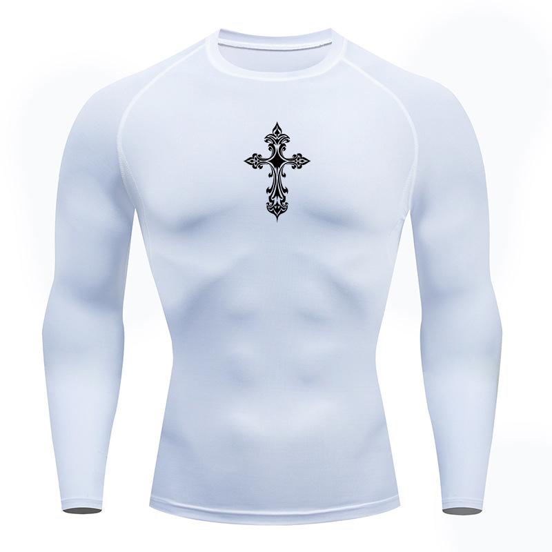 Cross Print Compression Shirts for Men Athletic Quick Dry Tshirt Tees Tops Gym Workout Running Rash Guard Baselayers Undershirts