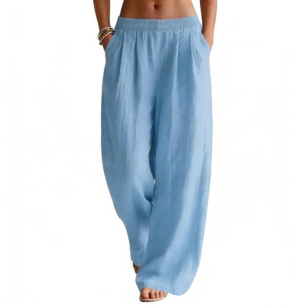 Women's Flowy Linen Wide-Leg Pants - Summer Beach Travel Wear with Elastic Waist & Pockets