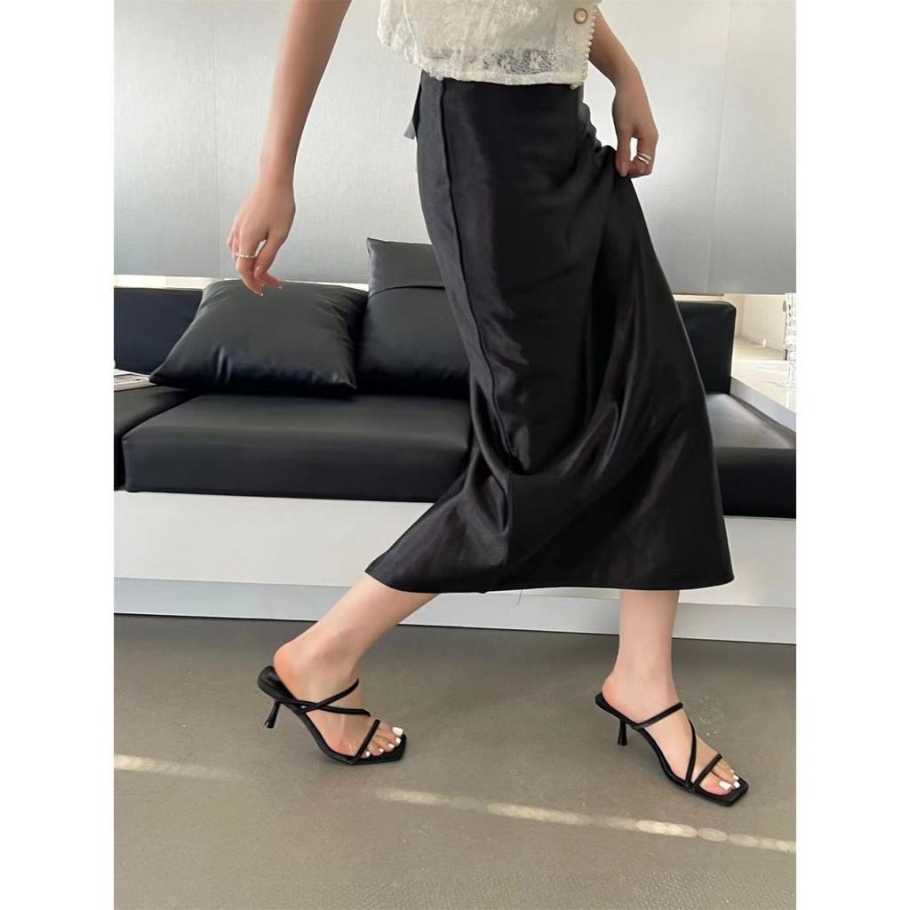 Thin Heel One-word Wear Sandals Fashion Korean Version High Heel 2025 New Summer Square Head Cool Slippers Red