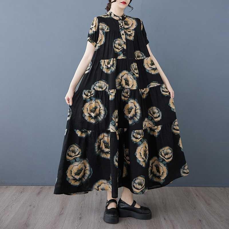 2025 Summer New Women Loose Big Size Fashion Printing Slim Long Dresses