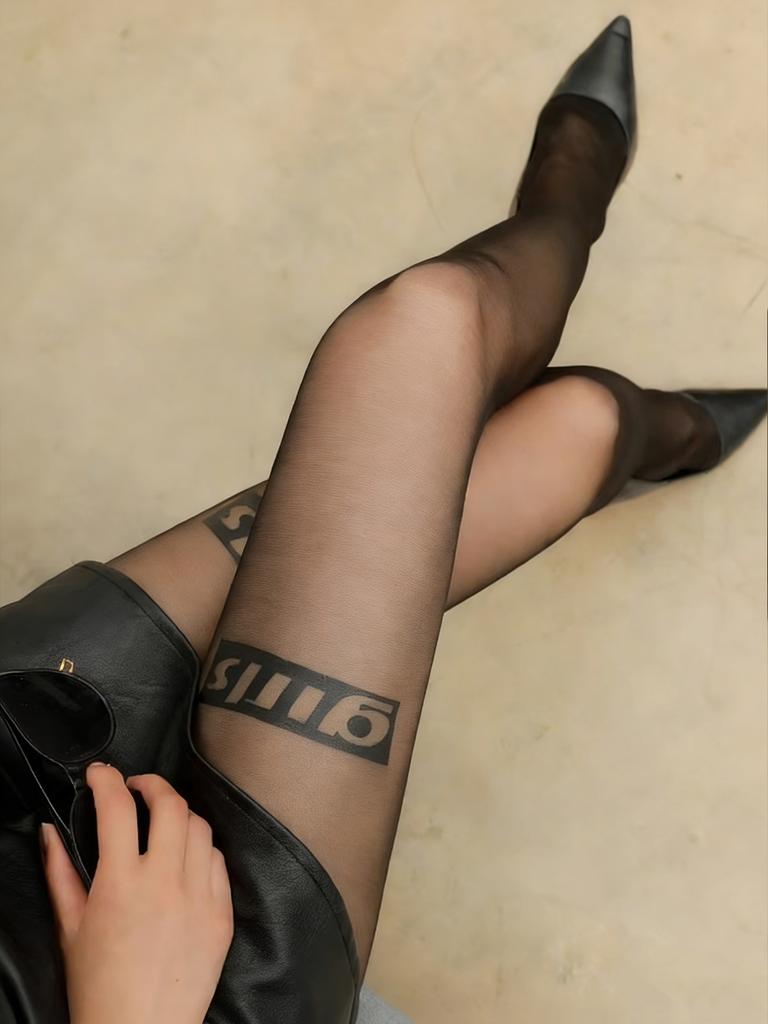 1 Piece Black Sheer Letter Print Pantyhose For Women, Valentine'S Day Exclusive, Trendy Letter Pattern, Anti-Snag & Slimming