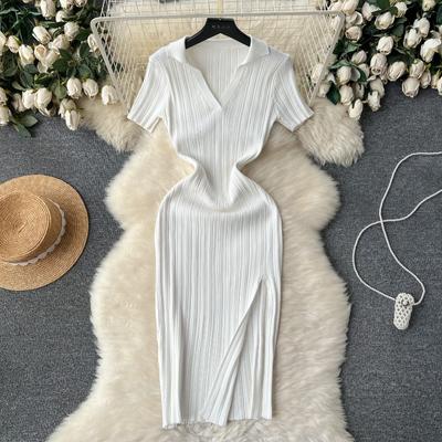 Summer Women's Short Sleeve Knit Stretch Slim Mid-Length Split Hip Dresses