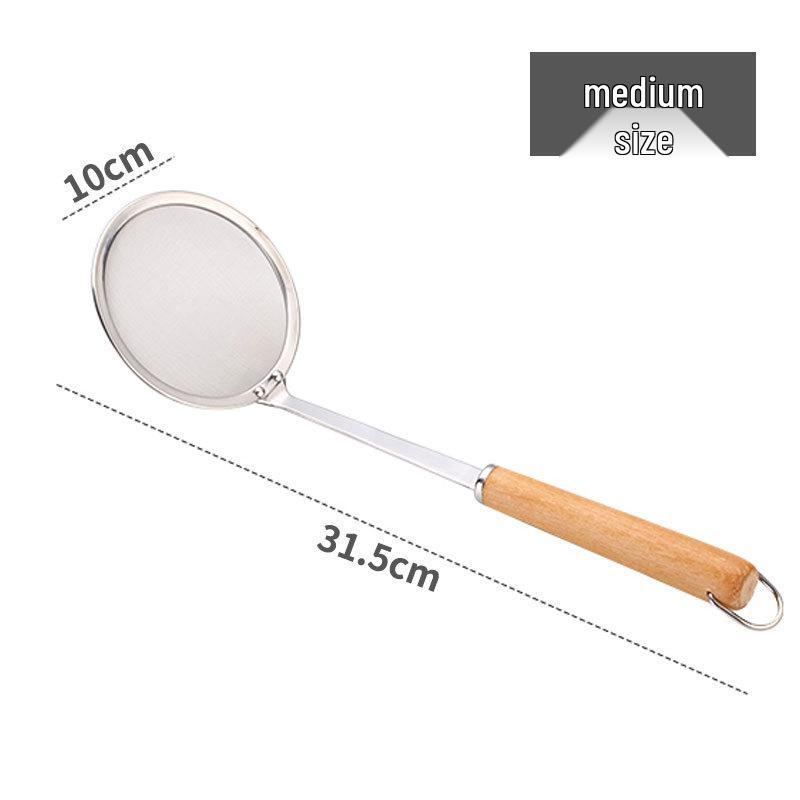 Stainless Steel Strainer Ladle with Wooden Handle - 16cm Kitchen Oil Skimmer & Flour Sifter