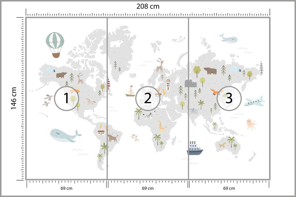 Photomural World Map With Cute Animals In Cartoon Style. Map For Nursery, Kids Room With Nature, Animals, Transports. Skandi Smooth Vinyl 208x146