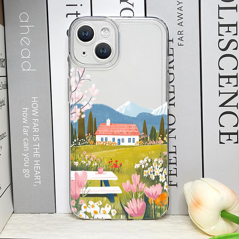 Pink House Holiday Home Grange Scenery Phone Case for iPhone 17 16 15 14 11 12 13 Pro Max 7 8 Plus 12 13 Mini X XS XR Soft Cover