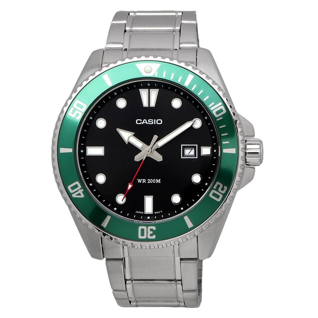 Casio Standardní analogové sportovní hodinky, Vodotěsné do 20 ATM, Pánské, MDV-107D-3AV, Zelená luneta, Kovový náramek, Mezinárodní model [Paralelní dovoz]