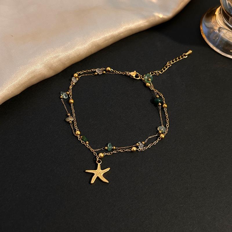 New Titanium Steel Foot Chain for Women, Bohemian Fashion Sea Star Shell Fish Tail Pendant Double layered Foot Ornament