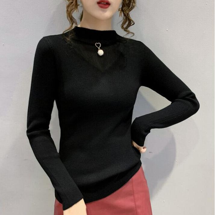 Women's Knitted Bottoming Shirt Fall  Winter Half-high Neck Hollow Mesh Knitted Sweater Slim Long-sleeved Stretchy Pullover Knitted Top Jumper