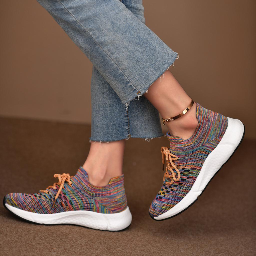 Breathable Fly-Woven Sports Single Shoes Women'S Spring Color Matching Casual Soft Sole Large Size Lace-Up Running Shoes Size 43