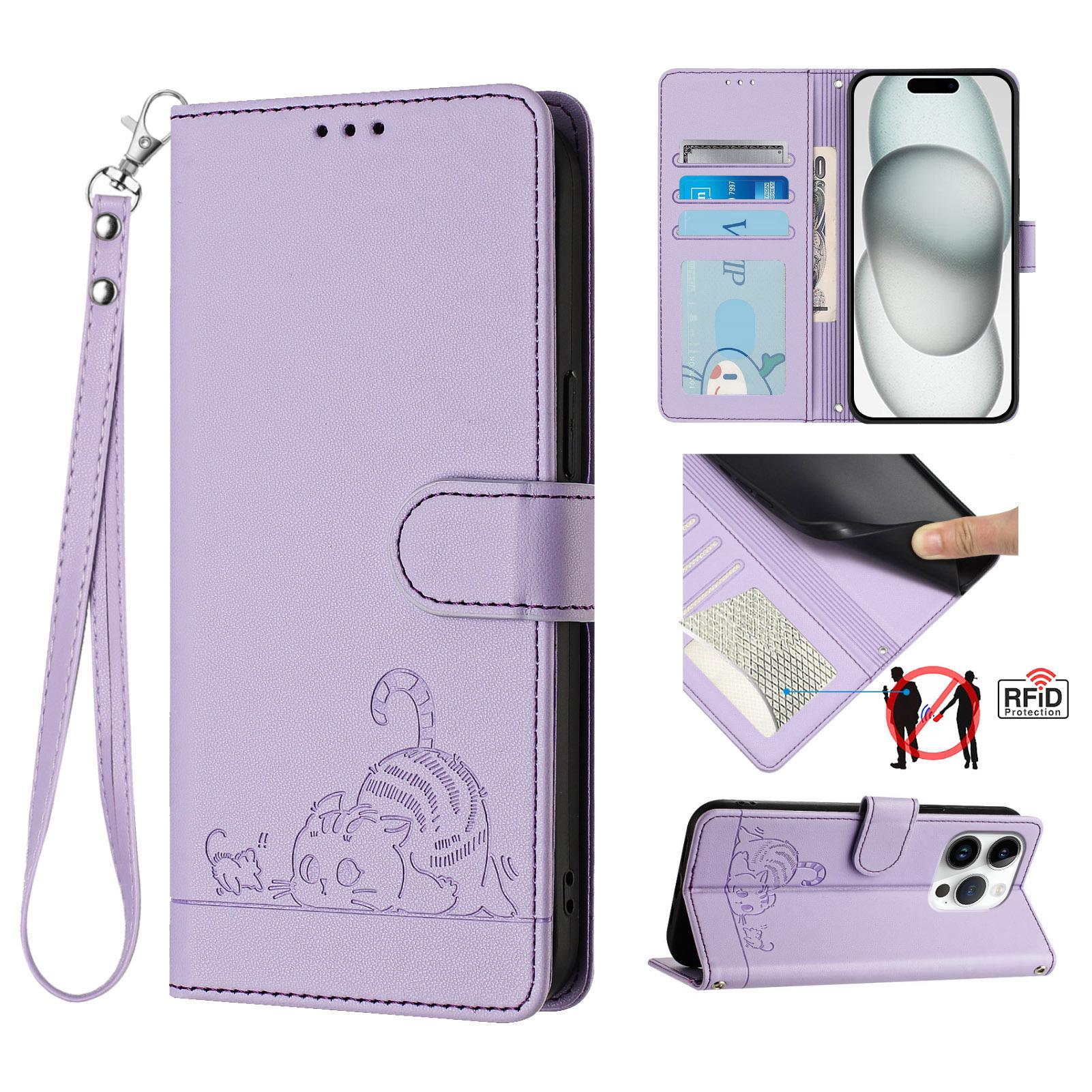 

For iPhone 16 Pro Max Case with Strap RFID Blocking Leather Wallet Phone Cover Cat Mouse Pattern Purple