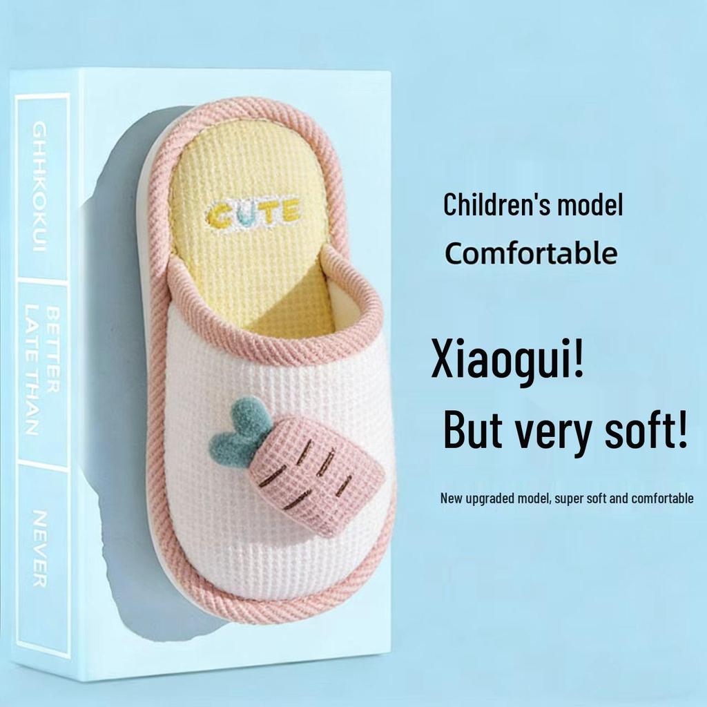 Kids' Radish Rabbit Non-Slip Slippers - Silent Cartoon, Breathable, Linen, Autumn Winter Indoor Shoes for Girls & Parent-Child Matching