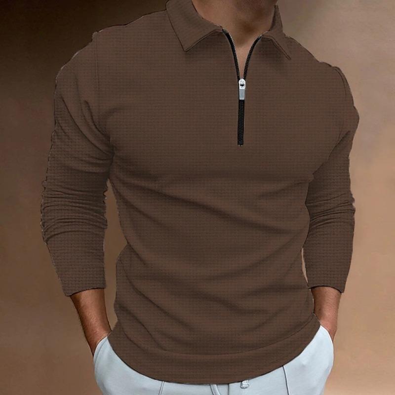 Autumn Waffle Zipper Long Sleeved Polo Shirt Men's T-shirt Top