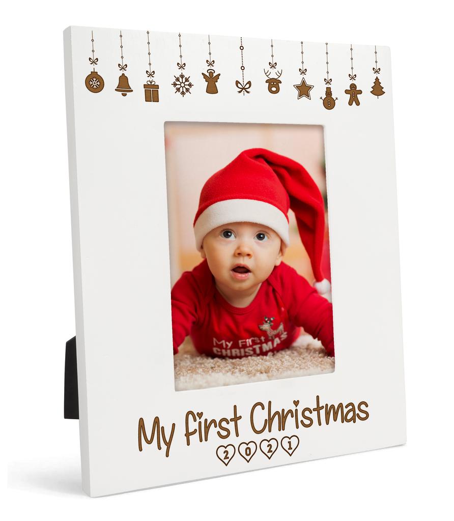 Darling Souvenir MADE WITH LOVE Personalized Wood Engraved Christmas Picture Frame, Table Top White Photo Frame (My First Christmas)