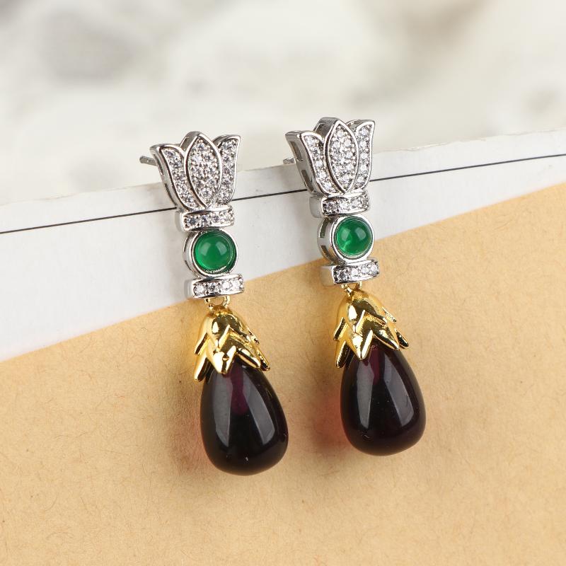 Vintage Amethyst Emerad Earrings Teardrop Imitation Gems Ear Drop Dangles Stud For Women High Jewelry Gift
