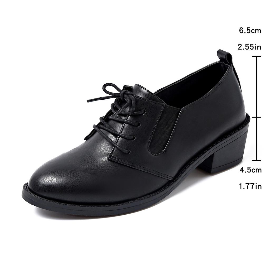 Women's Elegant Chunky Heels Lace-up Pumps Fashion Solid Color Leather Shoes Women Black Pointed Mid Heeled Loafers Plus Size 43