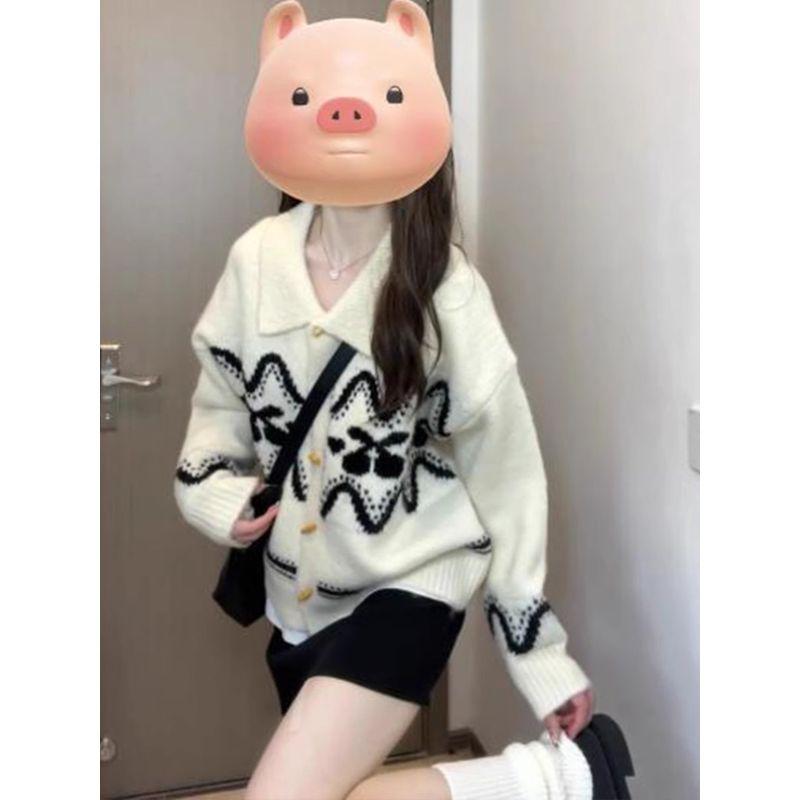 

Lapel Cherry Sweater Outwear Knitting Cardigan Horn Button Beige 2XL [Suggested 65.00 kg-75.00 kg]]