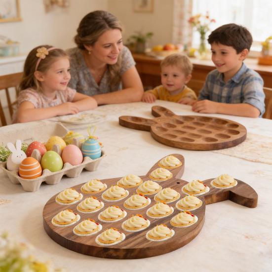 Easter Deviled Egg Platter Bunny Shape Wooden Serving Tray 21 Holes Deviled Eggs Holder Serving Platter for Easter Party Spring Holiday