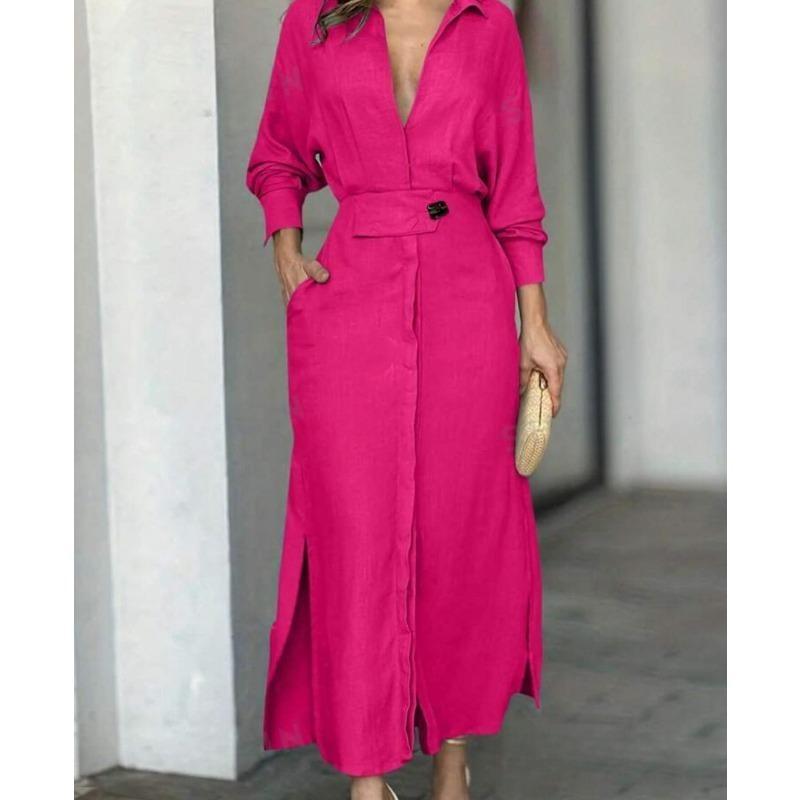 Modna sukienka dla kobiet Luksusowa elegancka sukienka w jednolitym kolorze Jesienna impreza Wsuwane kieszenie Z długim rękawem Nieregularne sukienki koszulowe