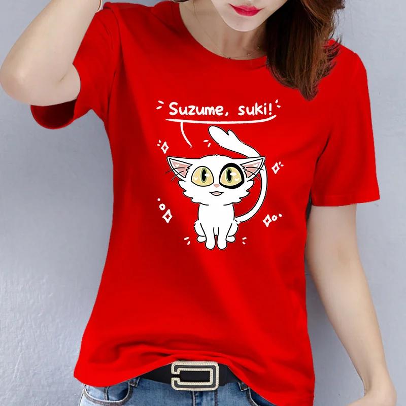 cotton Anime Suzume Suki White Cat Print T Shirt Women Cute Cartoon Graphic Short Sleeve Casual Summer Red Tee