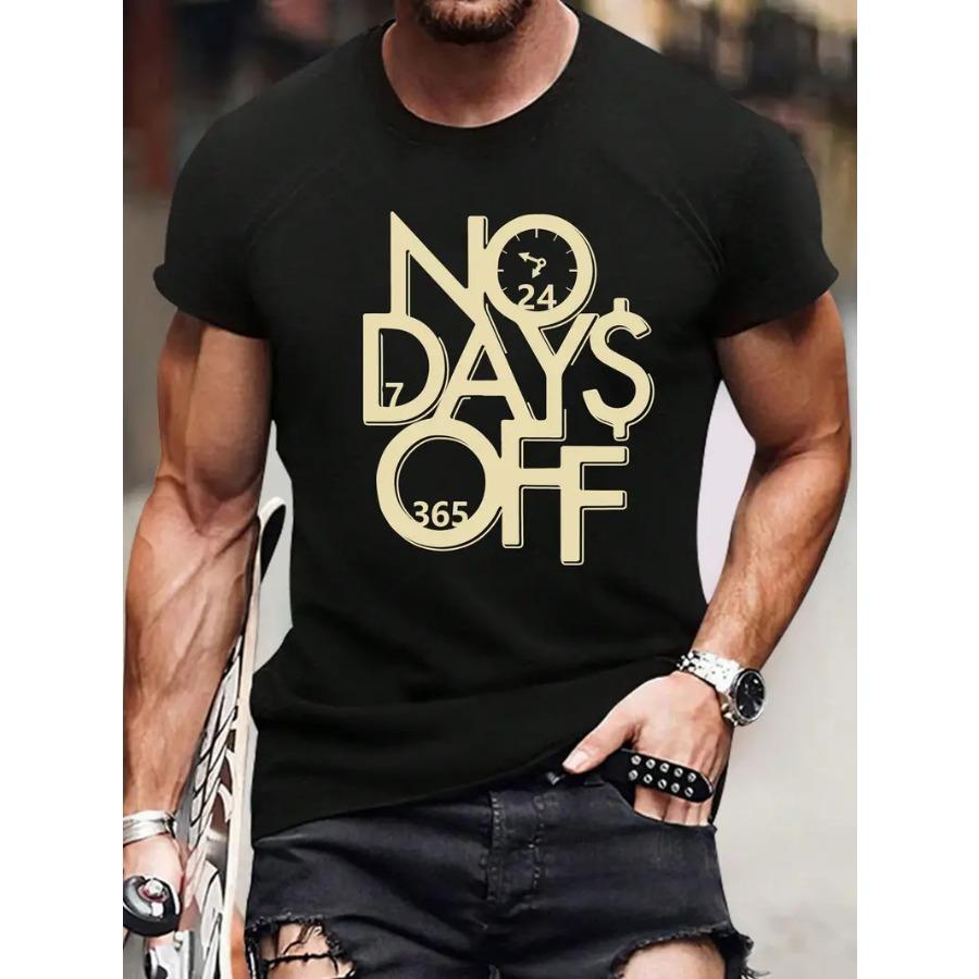 Vibrant NO DAYS OFF Graphic Tee - Crew Neck, Slight Stretch Polyester, Patterned Alphabets Print, Regular Fit Summer Casual Wear for Adult Men