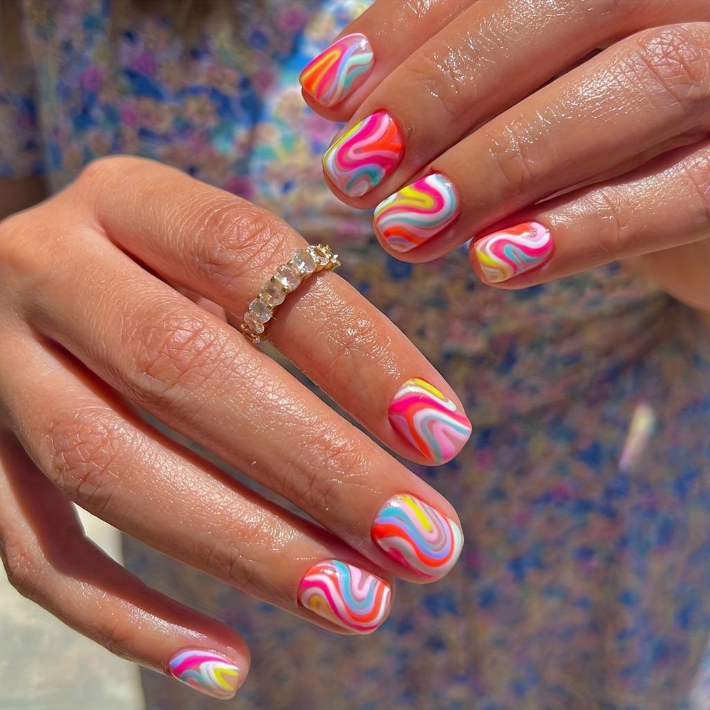 24pcs Vibrant Rainbow Swirl Press On Nails - Glossy Full Coverage Short Oval False Nails for Women and Girls - Perfect for Daily Wear, Easy to Apply