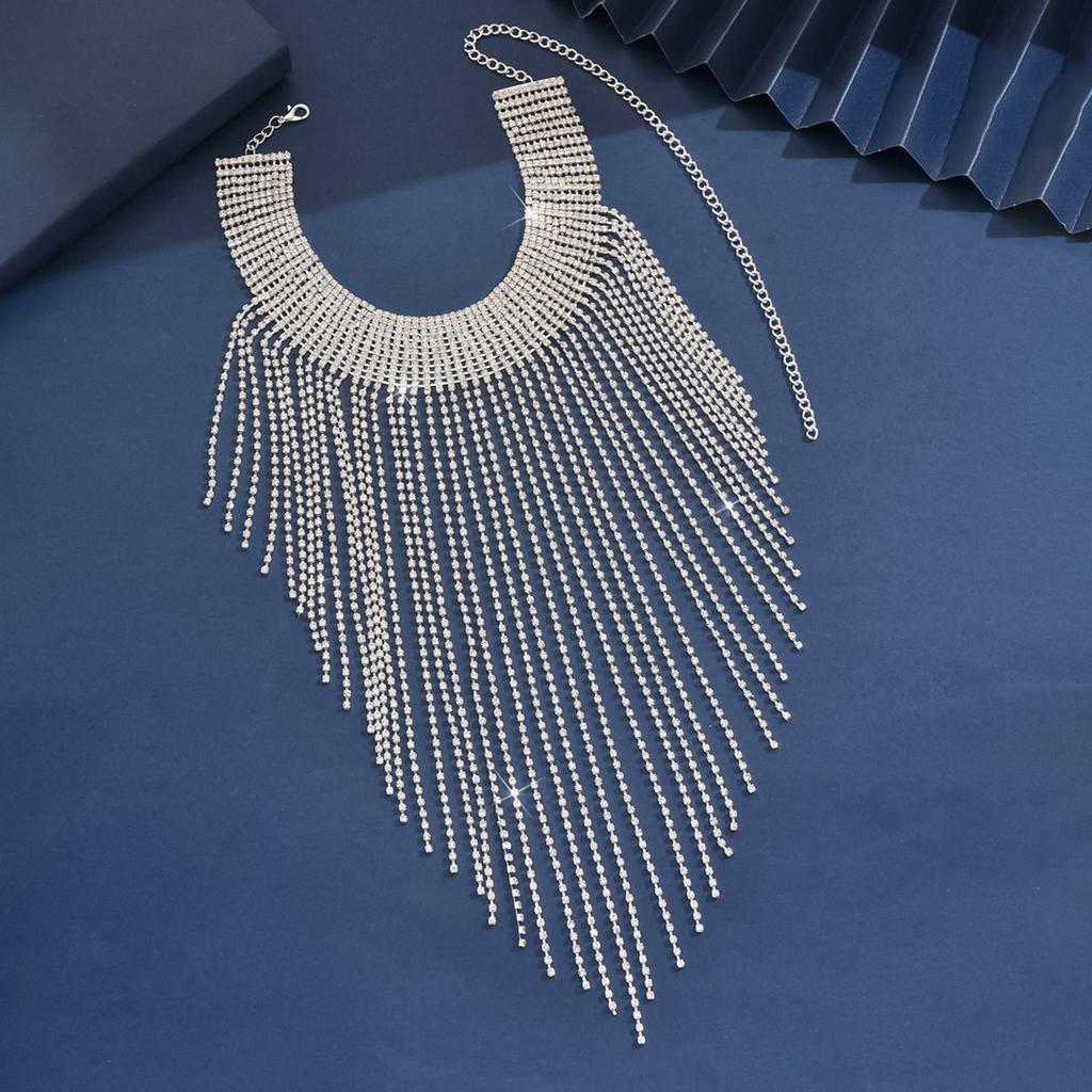 Exaggerated Heavy-Duty Diamond-Encrusted Long Tassel Necklace Fashionable Light-Luxury High-End Collarbone Chain