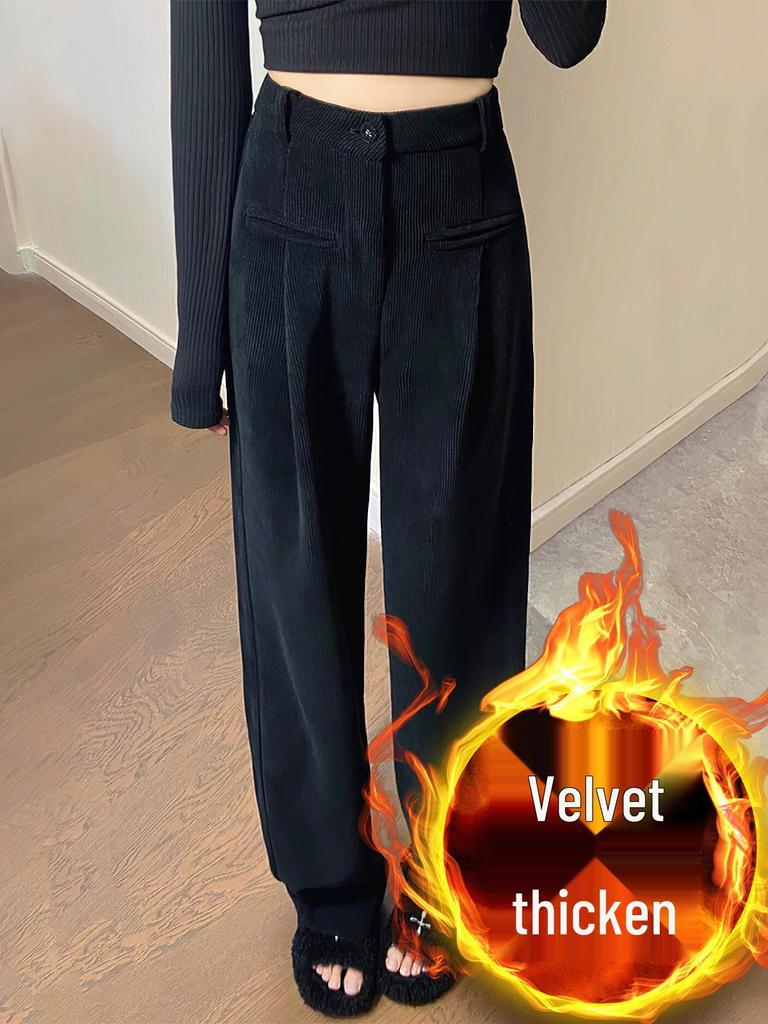 Women's Black Chenille High-Waist Corduroy Wide-Leg Pants - Autumn Winter Plus Velvet