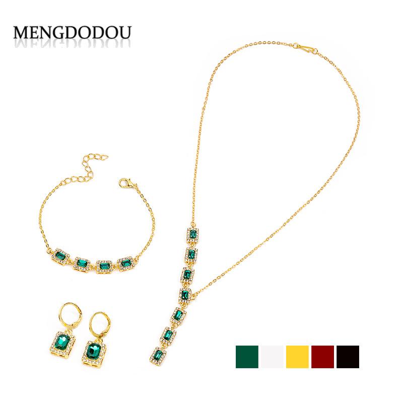 Luxury Super Flash Full Diamond Square Emerald Necklace Set, Yellow Pink Crystal Bracelet Earrings Jewelry