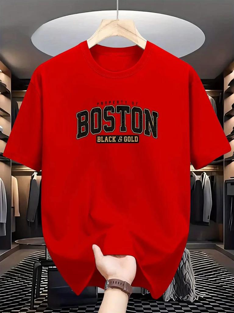 2025 Men's Casual Fashion Trend round-neck T-shirt, Boston print, 100% pure cotton short-sleeved summer top