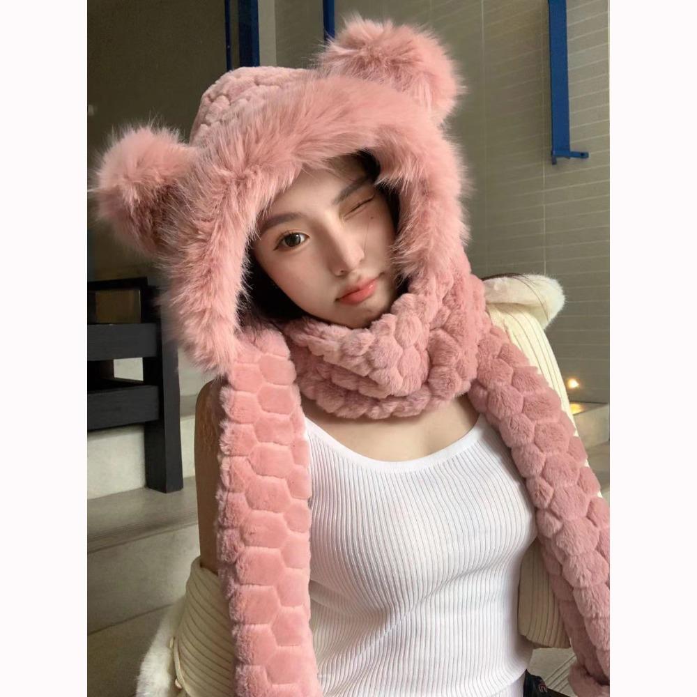 

Thickened Plush Hat Scarf Gloves Set Cute Rabbit Ear Ear Protection Cap Women Beanies Cap Outdoor сірий