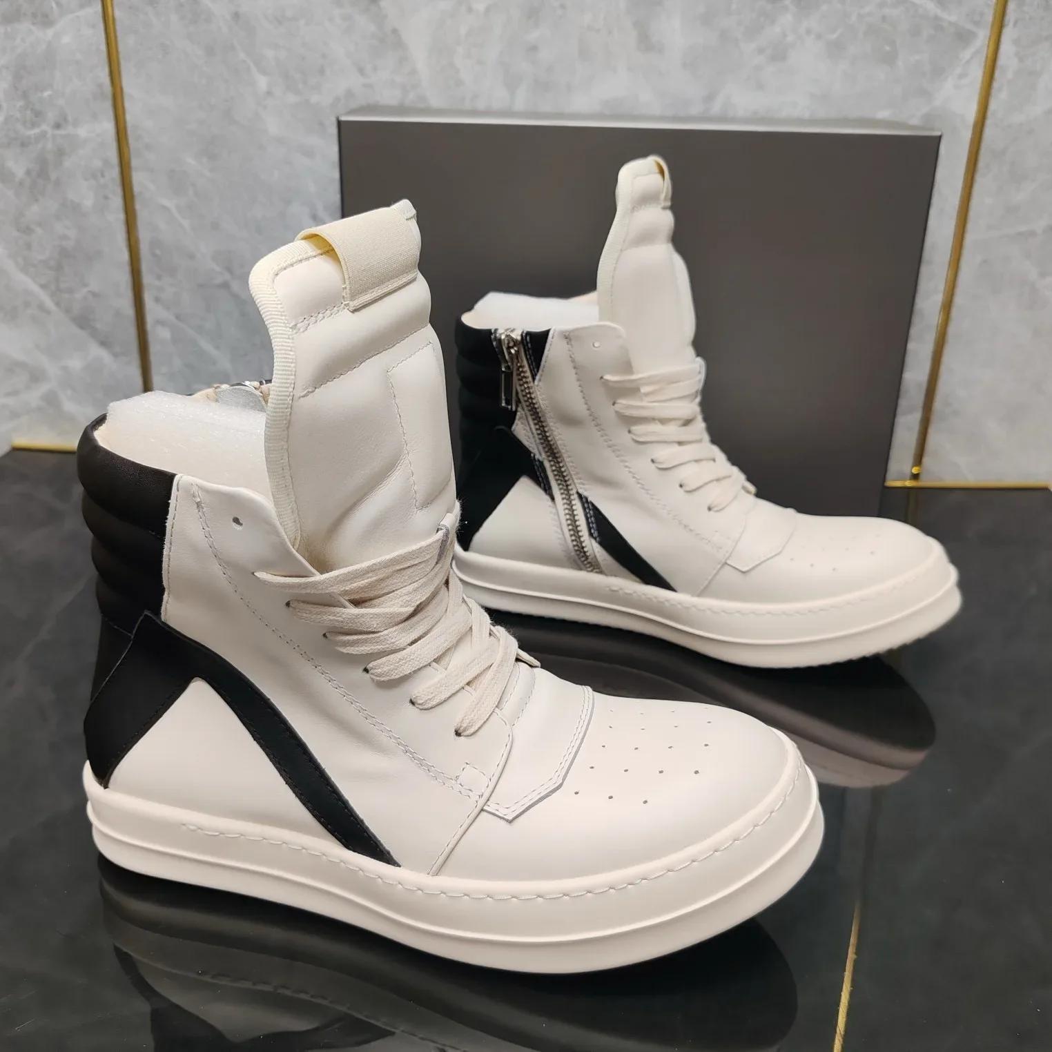 

Top Quality Brand Men Shoe Casual High Women Sneaker Black Ankle Boot Geobasket Leather Fashion Thick-sole Flat Zip Shoe 45 белый