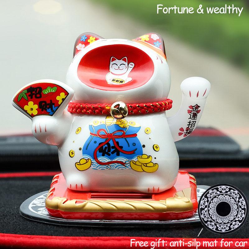 Gatto Fortunato Ceramica Alimentato a Energia Solare Maneki Neko Braccio Ondulante Gatto che Invita la Fortuna con Tappetino Auto Decorazione Scrivania Fascino Regalo