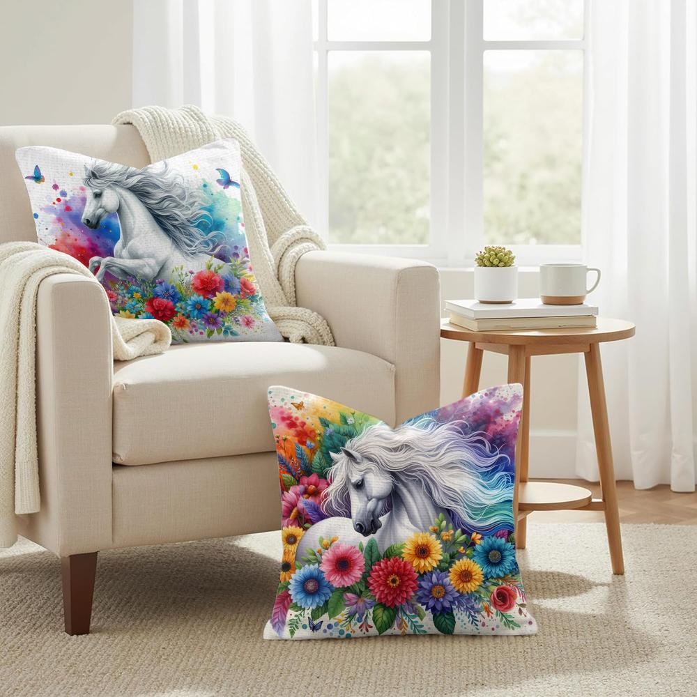 Watercolor Horse Floral Cushion Cover Natural Linen Organic Fabric DoubleSided Printing Couch Pillow Covers Home Decor