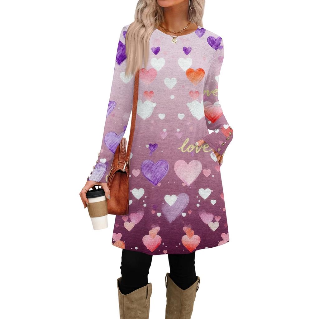 Women's fashion casual pocket decorative button dress round neck long sleeve printed dress