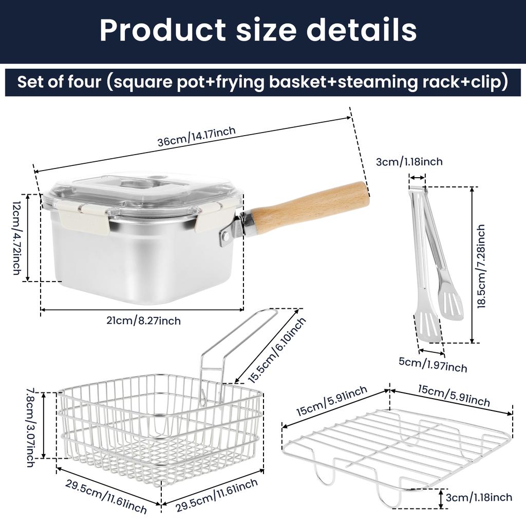 Deep Fryer Pot Stainless Steel Frying Pan with Basket and Lid Portable Square Deep Frying Pots Food Grade Cooking Tools Kitchen