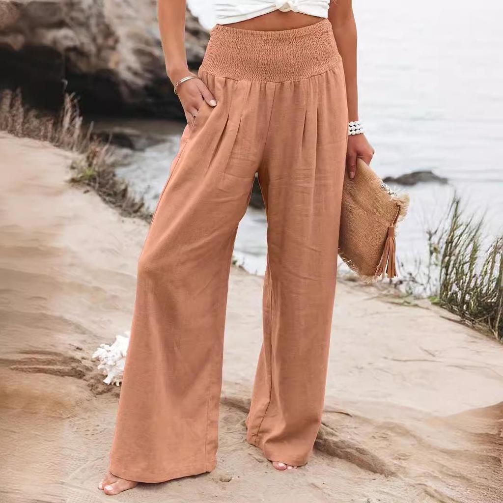 Cross2026 Women's Comfortable Cotton Linen Mid-Waist Long Pants - Casual Spring European American Style