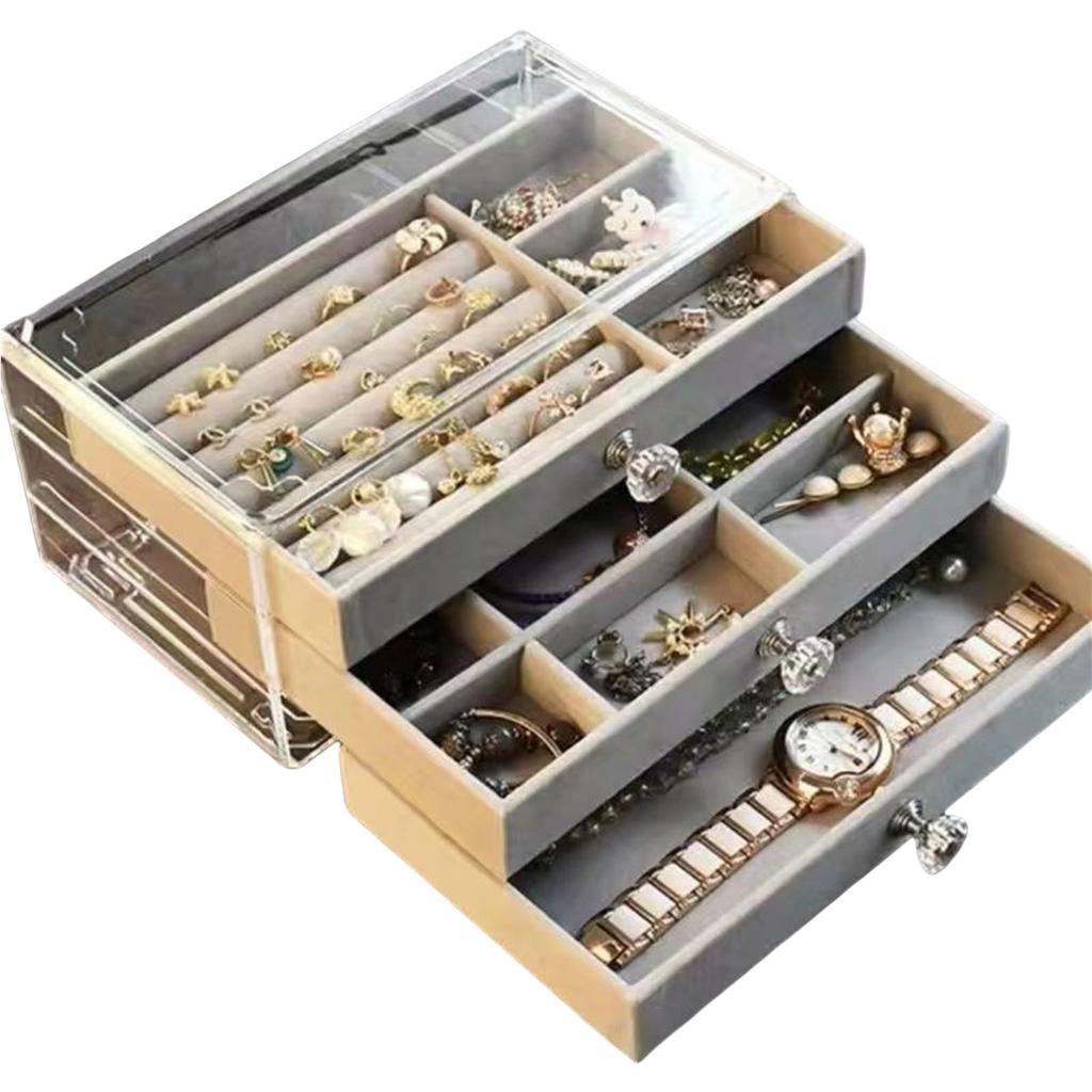 Elegante Aufbewahrungsbox für Ohrringe, Halsketten, Armbänder, Schmuckhalter mit Glasabdeckung und 3 Schubladen, Zubehörhalter