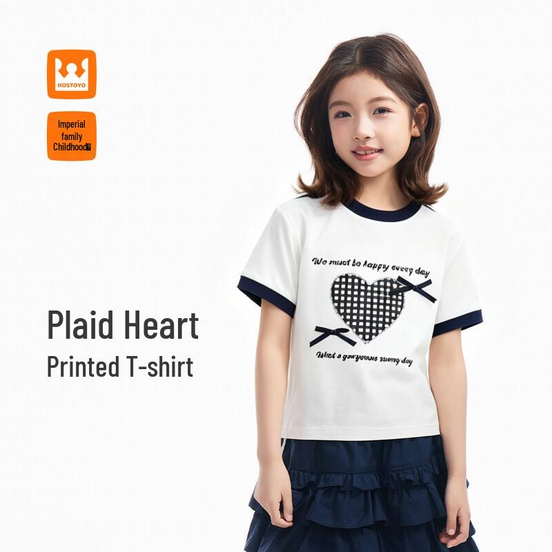 Royal Childhood Girls Plaid Heart Print Short Sleeve T-shirt 150