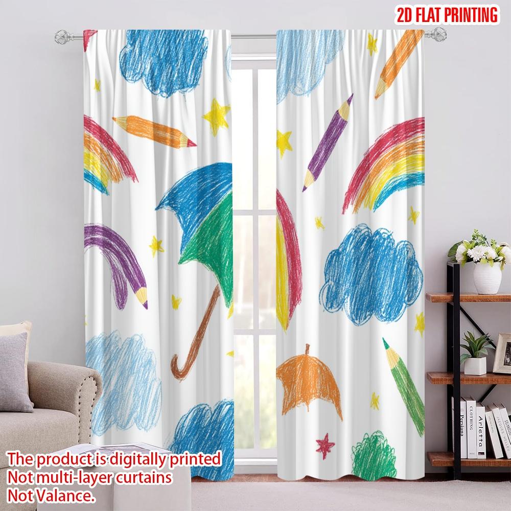 

Set Of 2 Flat Printing Curtain Rainbow Clouds Umbrella Stars Crayons Digital Printed Polyester Drapes Holiday Decorations Perfect Curtains Made W100*H70(CM)-Grommet top&1PCS