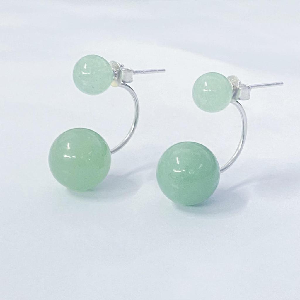 New S925 Sterling Silver Green Aventurine Double Round Bead Stud Earrings - Retro Chinese Style for Women