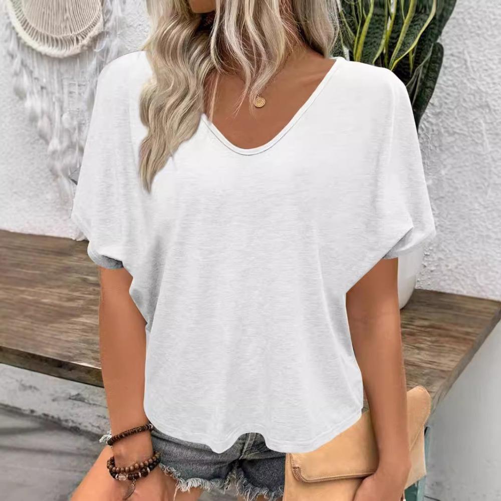 Camiseta feminina sólida com decote em V casual solta top plus size camiseta de manga curta