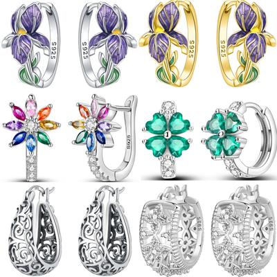 Boucles d'oreilles créoles CYCUFF en Argent 925 Hypoallergéniques Série Fleurs Violettes Bijoux d'Oreille Pour Femmes Beaux Cadeaux de Mariage Fête