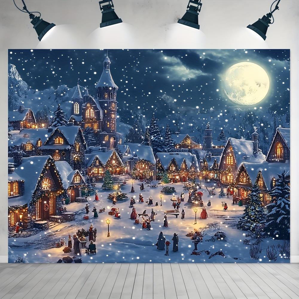 1 holiday Christmas village background, comfortable snow street landscape with snow pine trees, perfect for indoor use