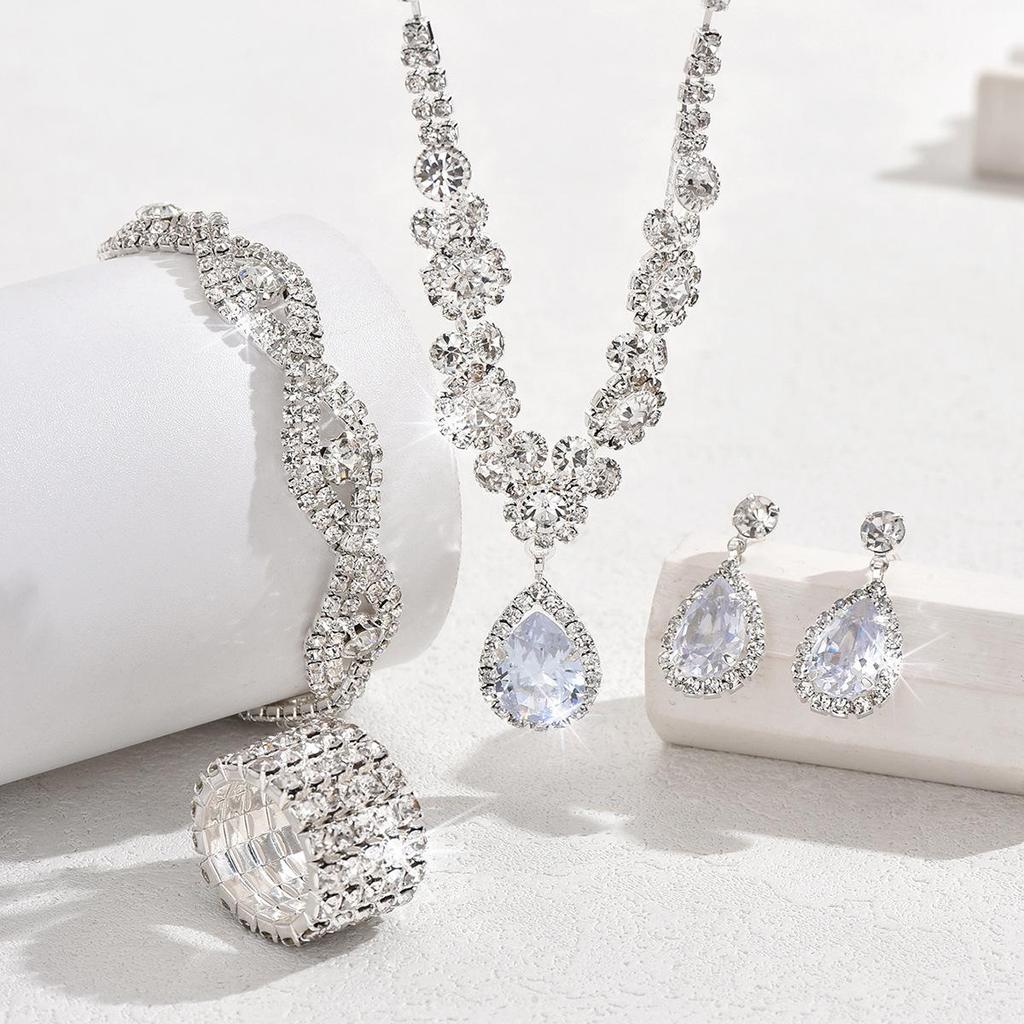 Bridal Jewelry Set: Rhinestone Zircon Teardrop Necklace, Earrings, Bracelet, Ring