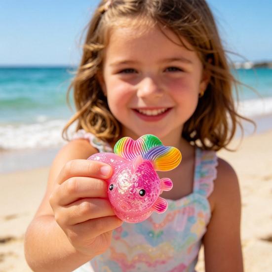 Rainbow Tail Goldfish Squeeze Toy Stress Relief Clear Glitter Fish Sensory Toy Soft Stretchy Fish Shape Home Office Desk Toy