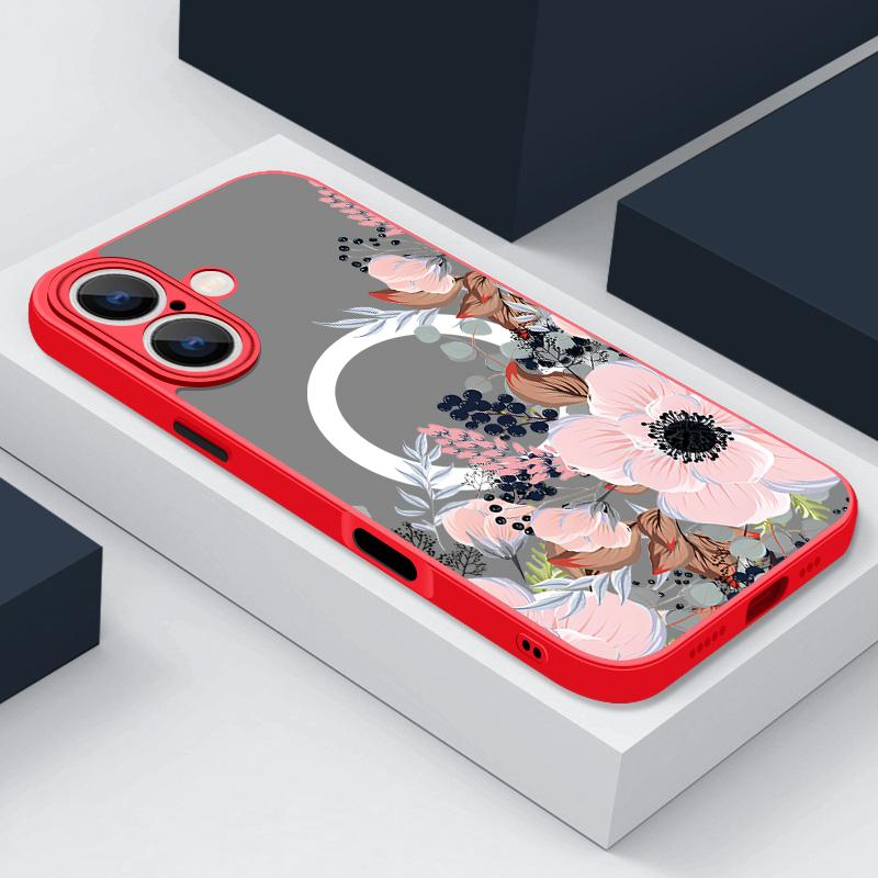 

Красивый цветочный узор для чехла Magsafe для iPhone 16 Pro Max 15 14 Plus 13 12 Pro 11 8 7 прозрачный матовый ударопрочный мягкий тонкий магнитный чехол для телефона iPhone 16 Pro Max красный