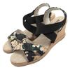 Kobe Lettuce Lightweight Wedge Sole Jute Sandals with Cross Elastic Floral Size L Women's Strap, Print, Black, [I1296]
