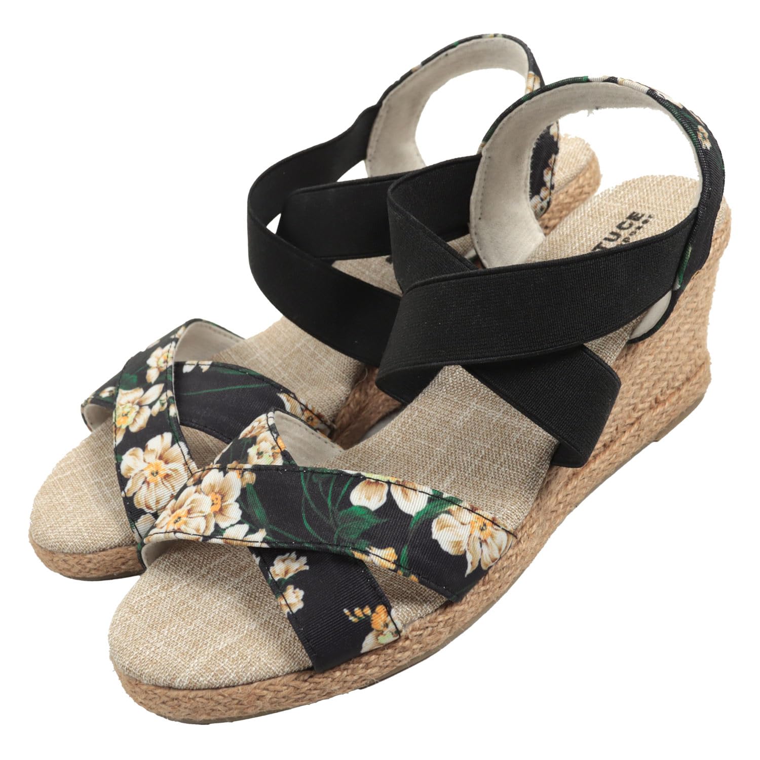 

Kobe Lettuce Lightweight Wedge Sole Jute Sandals with Cross Elastic Floral Size L Women s Strap, Print, Black, [I1296]