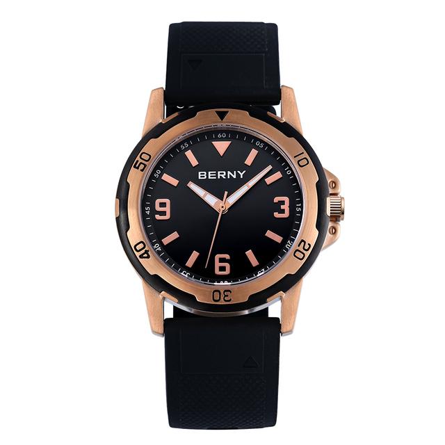 BERNY Watches for Men Luminous Casual Sport Quartz Men's Watch Waterproof Wristwatch Soft silicone Strap Brass Case Easy Read